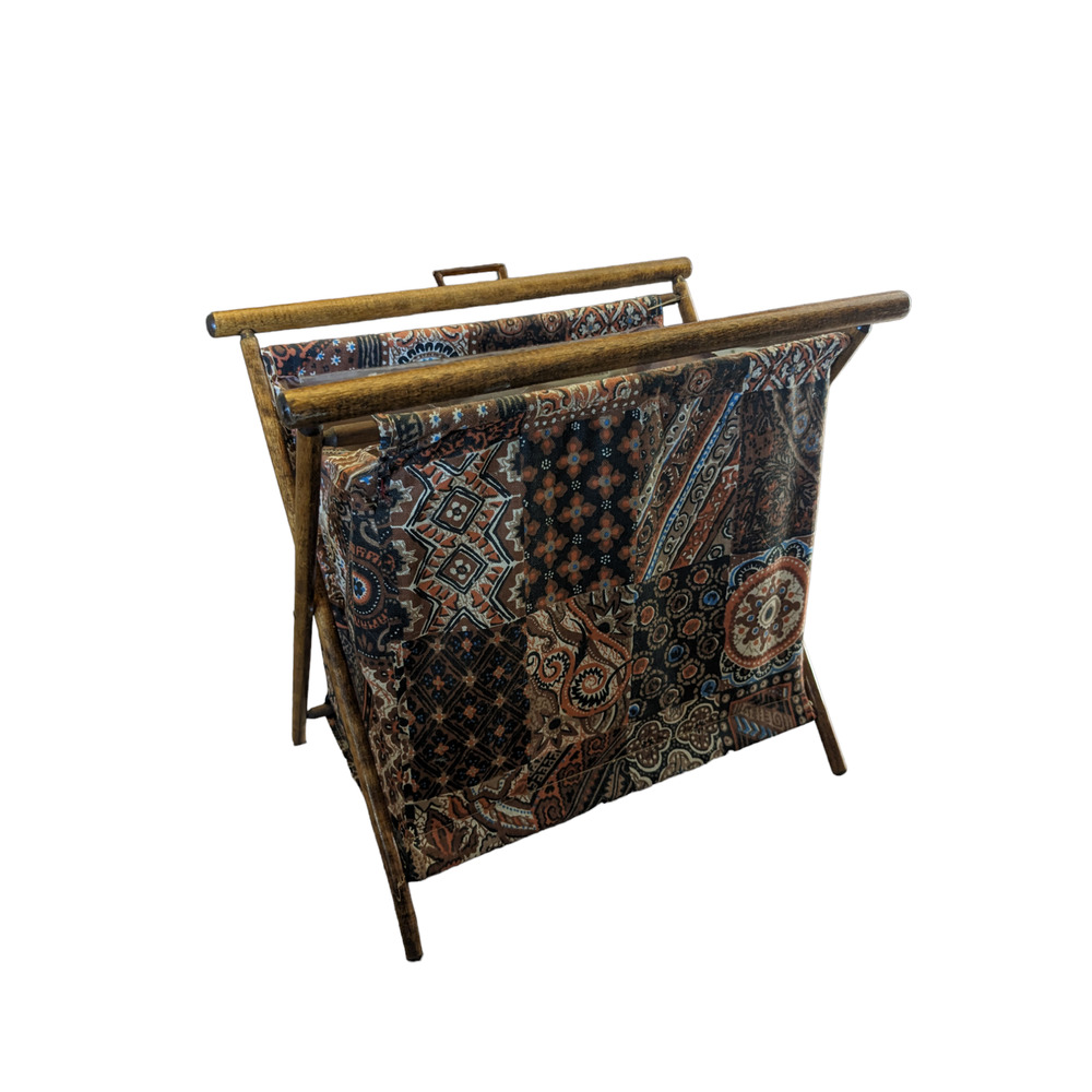 Vtg Brown MCM Fabric Wood Frame Foldable Sewing Knitting Yarn Bag Caddy
